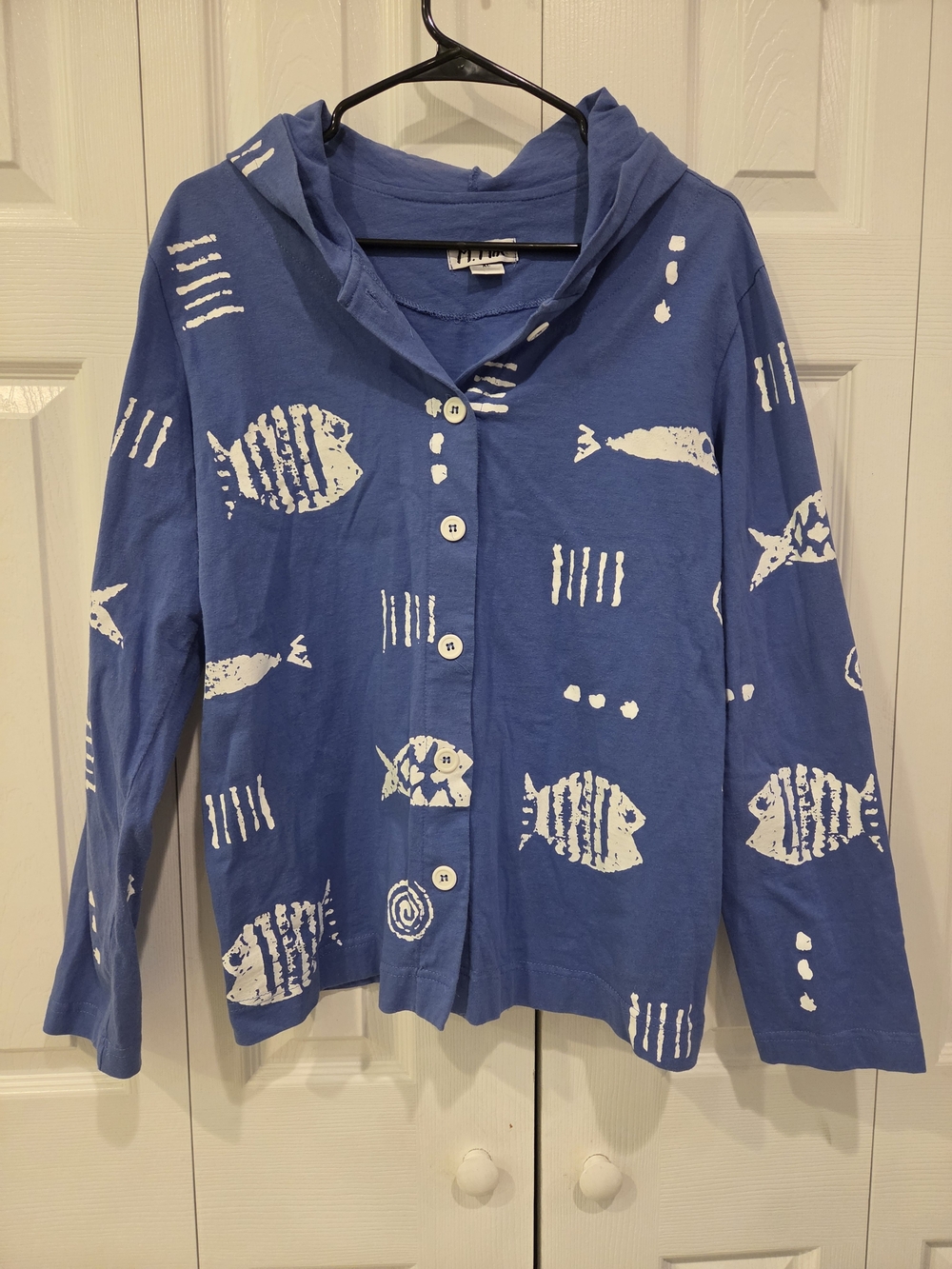 100 % Cotton Blue Fish-Print Hooded Button-Up Sweatshirt for Women